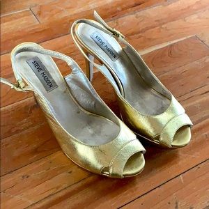 Gold peep toe sling back heels